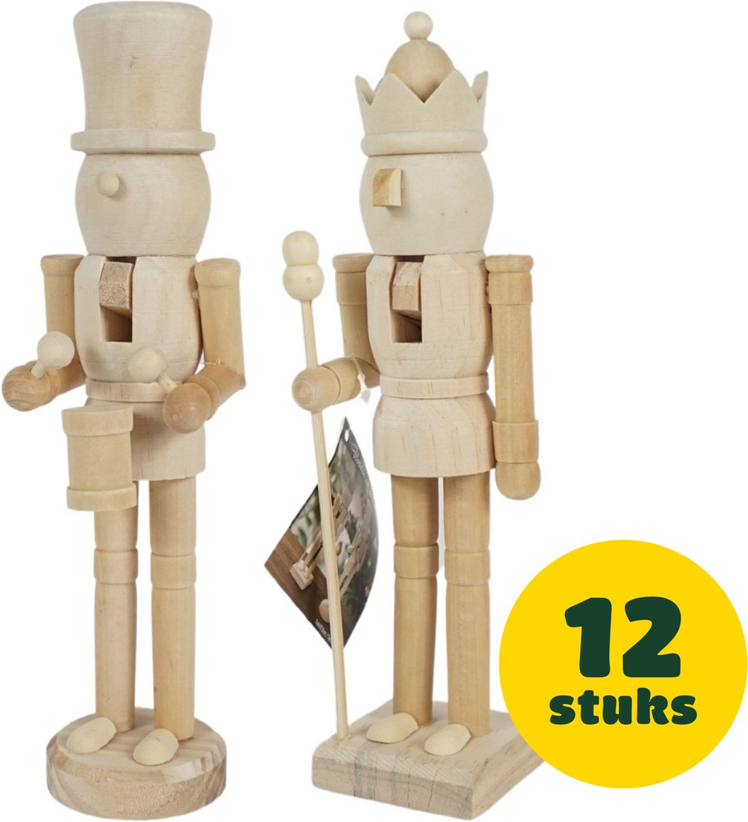 Budgetland Houten Notenkraker [12 Stuks] – Notenkraker Kerst - DIY Kerstdecoratie - Schilderbare notenkrakers 25,5 cm – Kerstdecoratie om te versieren - Hout - Kerstfiguur - Kerstbeeld